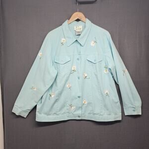 The Quacker Factory Top Womens 1X Blue Check Floral Embroidered Country Cottage